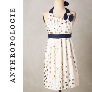 Anthropologie gold polka dot apron with navy ties